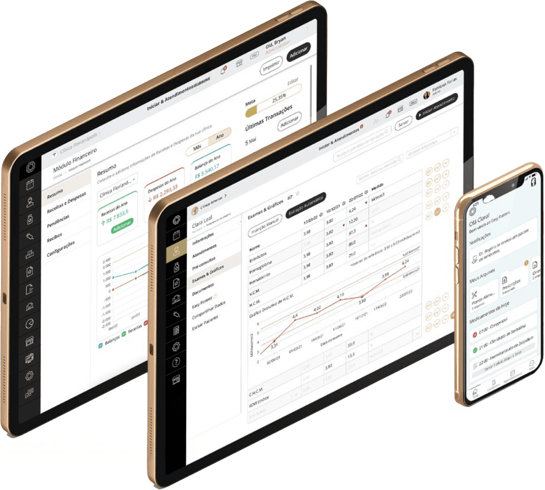 Tablets e celular com telas do Easy Health